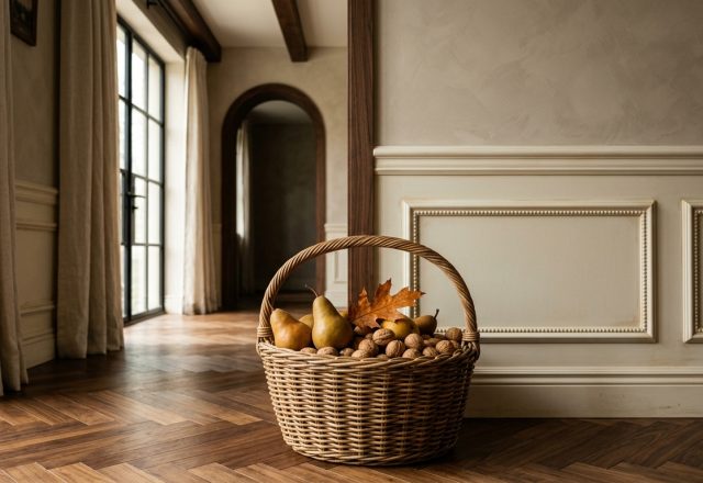 Herringbone hardwood flooring in a transitional hallway featuring neutral wall paneling and a basket of pears.