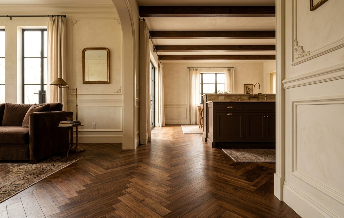Dark herringbone hardwood floors leading through an archway into a transitional living space and kitchen.