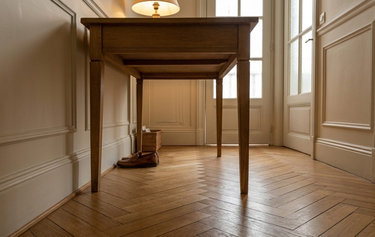Herringbone parquet flooring in a classic hallway beneath a tapered timber console table and white wall moulding
