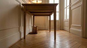Herringbone parquet flooring in a classic hallway beneath a tapered timber console table and white wall moulding