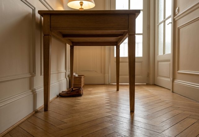 Herringbone parquet flooring in a classic hallway beneath a tapered timber console table and white wall moulding