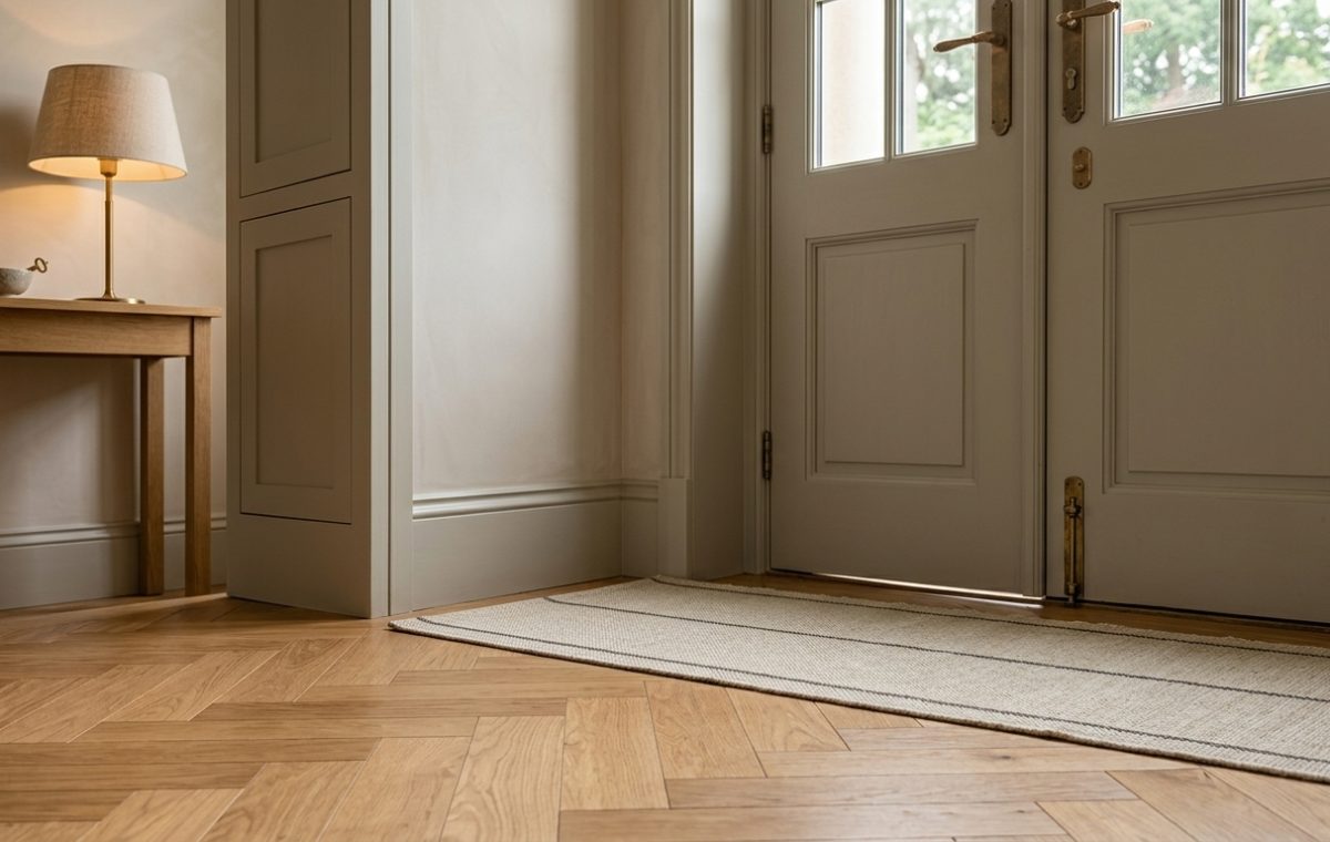 Close-up of herringbone wood flooring in a bright entryway with a striped runner rug and wooden console table.