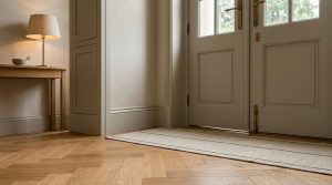 Close-up of herringbone wood flooring in a bright entryway with a striped runner rug and wooden console table.
