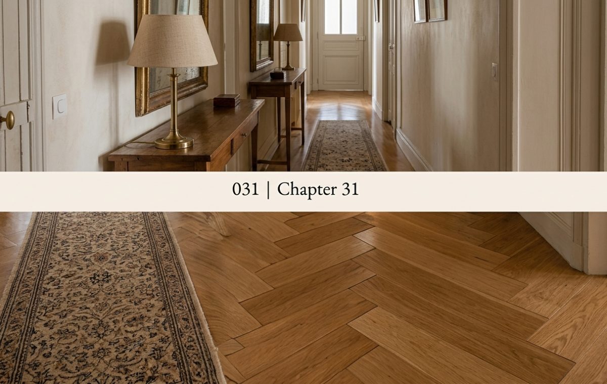 Classic herringbone wood flooring and runner rug in a bright, elegant hallway.