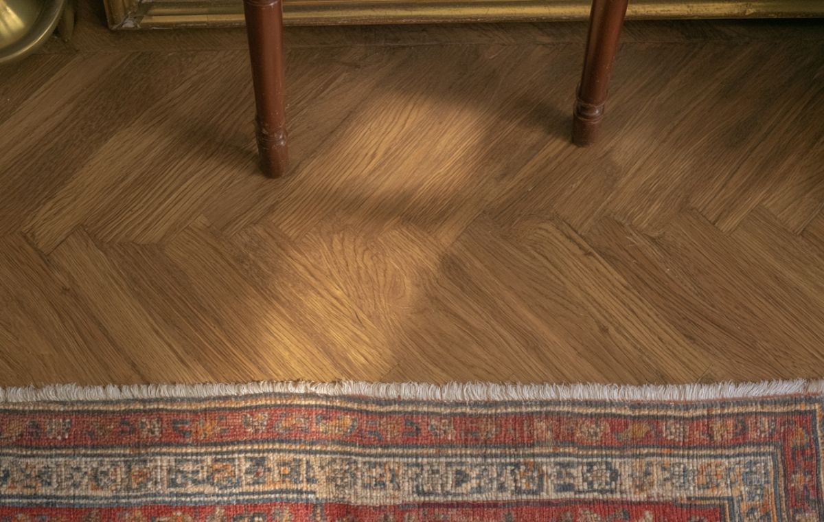 Close-up of herringbone wood flooring paired with a vintage red Persian rug and wooden furniture legs.