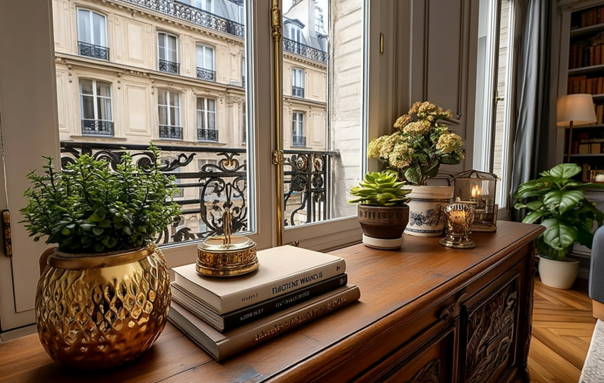 historic apartment interior design featuring a wooden sideboard, gold planters, and classic window views