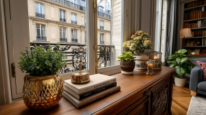historic apartment interior design featuring a wooden sideboard, gold planters, and classic window views