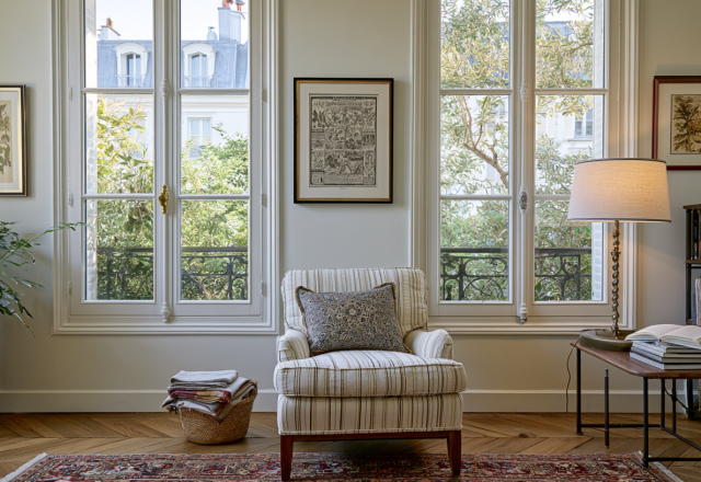 Historic apartment sitting room featuring tall windows, herringbone wood floors, and a striped armchair.