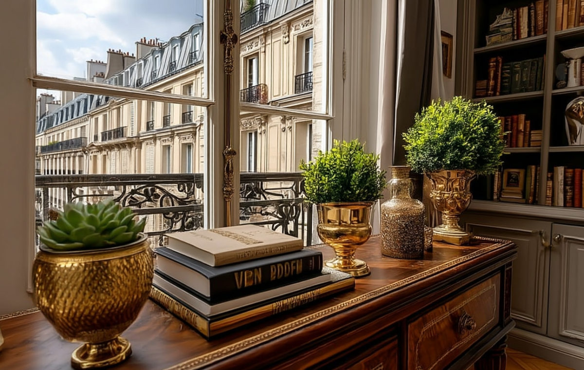 Historic apartment styling featuring an antique wooden credenza, brass planters, and a view of classic architecture through a large window.