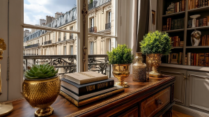 Historic apartment styling featuring an antique wooden credenza, brass planters, and a view of classic architecture through a large window.