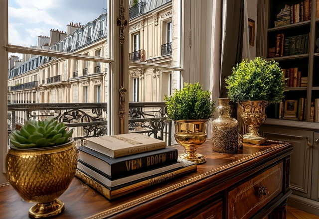 Historic apartment styling featuring an antique wooden credenza, brass planters, and a view of classic architecture through a large window.