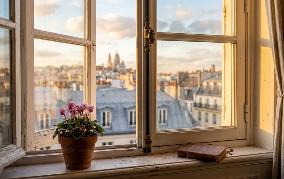 Historic apartment window sill decorated with a potted plant and vintage book overlooking city rooftops