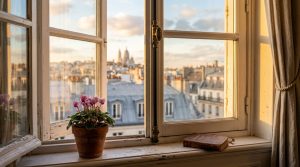 Historic apartment window sill decorated with a potted plant and vintage book overlooking city rooftops