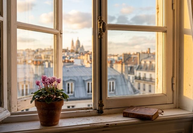 Historic apartment window sill decorated with a potted plant and vintage book overlooking city rooftops