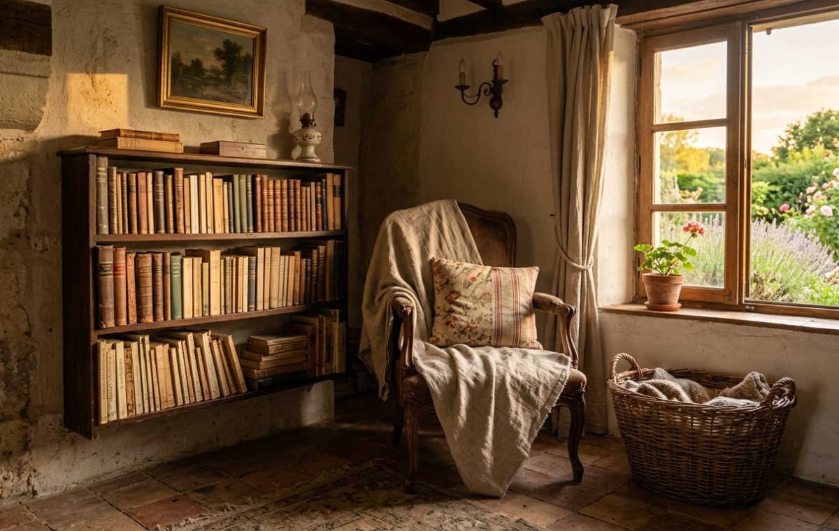 Historic home library design featuring rustic built-in bookshelves and a cozy reading corner with an armchair.