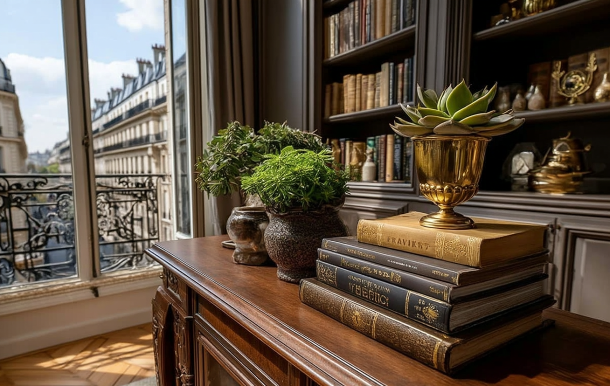Historic home library styling featuring an antique wooden sideboard, vintage book stacks, and a brass planter overlooking a classic street.