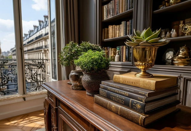 Historic home library styling featuring an antique wooden sideboard, vintage book stacks, and a brass planter overlooking a classic street.