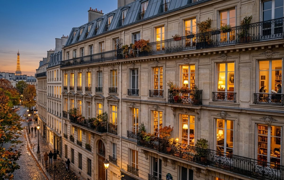 Historic Parisian apartment building exterior at dusk with glowing windows and wrought iron balconies.