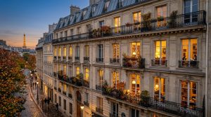 Historic Parisian apartment building exterior at dusk with glowing windows and wrought iron balconies.