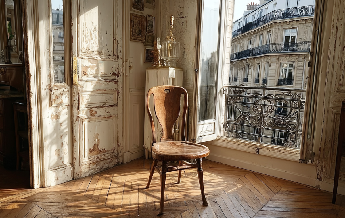 Sunlit historic Parisian apartment interior featuring herringbone floors and antique wooden chair.