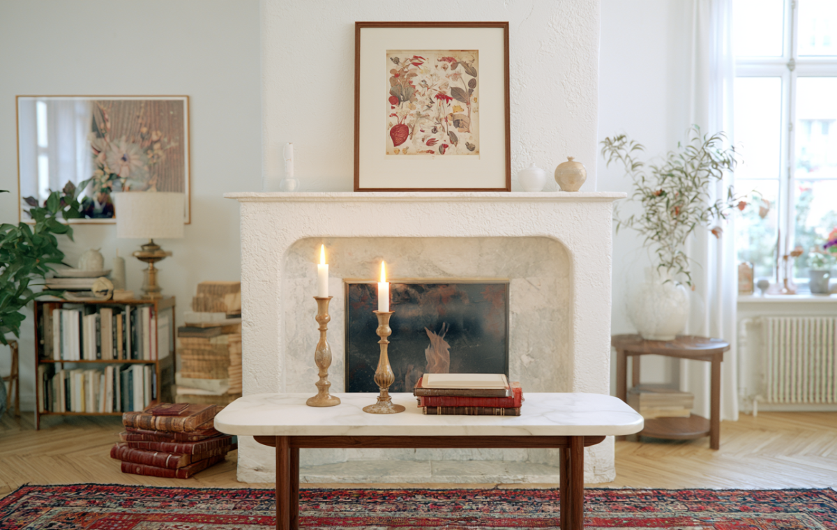 Historical fireplace decor featuring an antique mantel, botanical art, and wooden candle holders in a bright living room