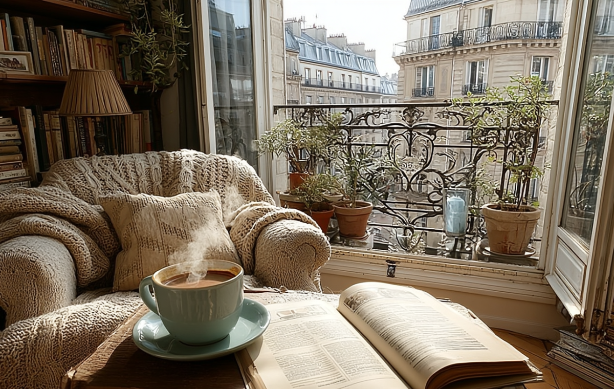 A cozy reading nook setup with an armchair, steaming coffee, open book, and a balcony view.