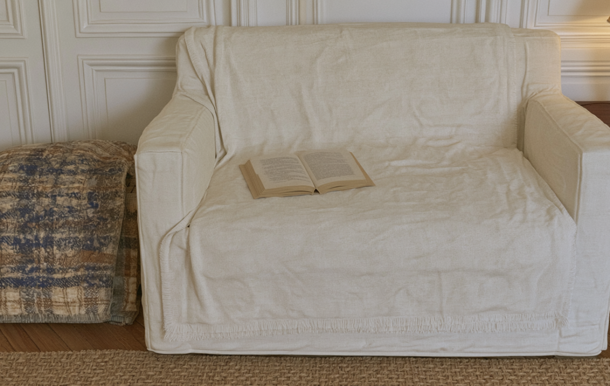 A cozy reading nook setup featuring a neutral slipcovered armchair, an open book, and a textured plaid blanket.