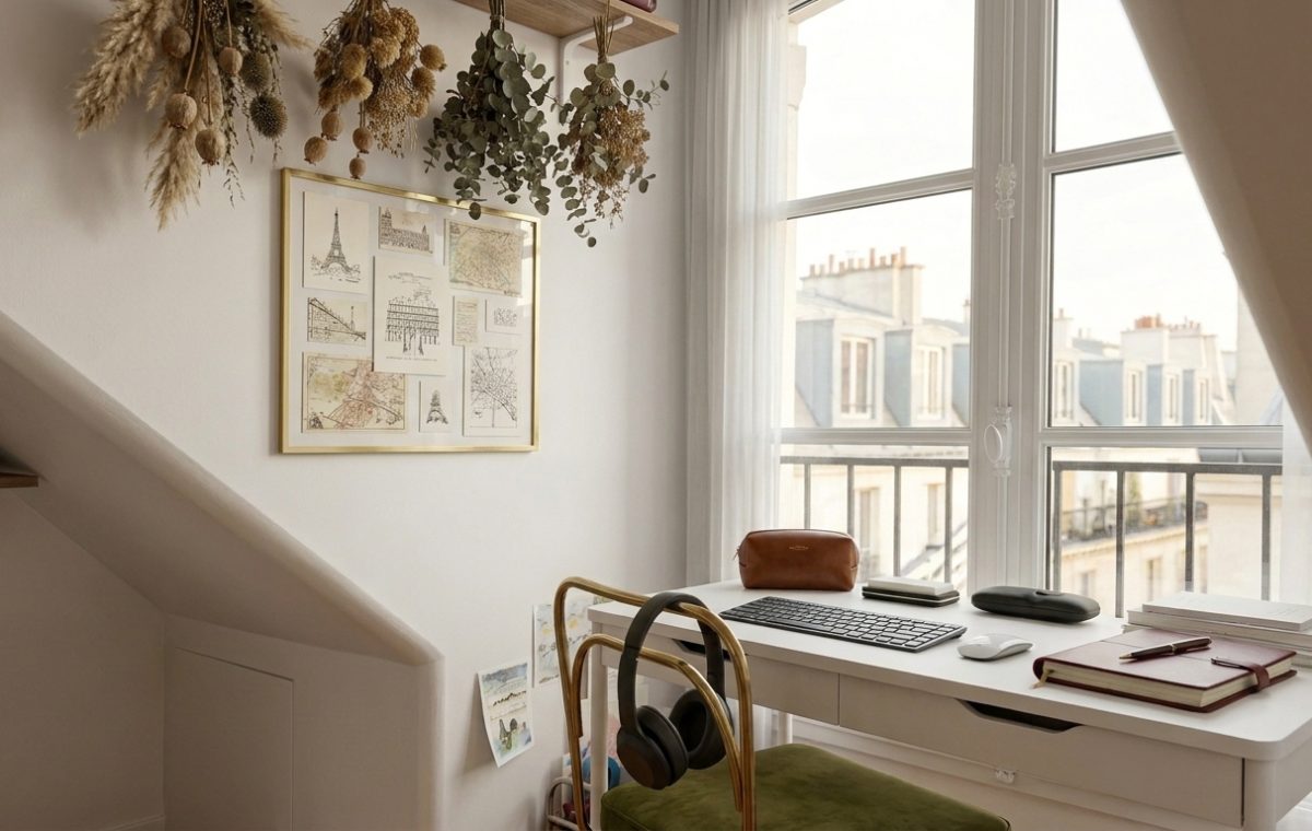 A clean small home office setup featuring a white desk, window view, and minimalist decor.