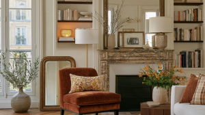 A warm minimalist living room featuring an orange armchair, marble fireplace, built-in bookshelves, and rustic earthy decor.