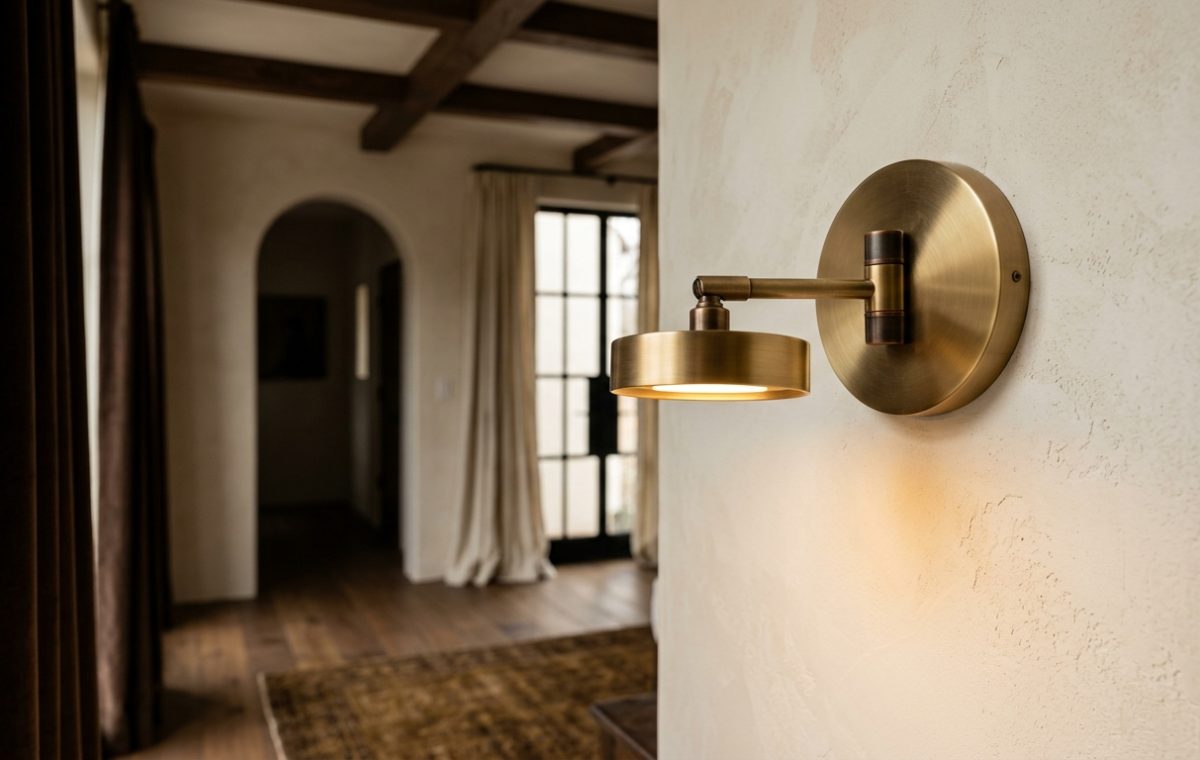 Brushed brass wall sconce casting a warm glow on a textured plaster wall in a transitional hallway.