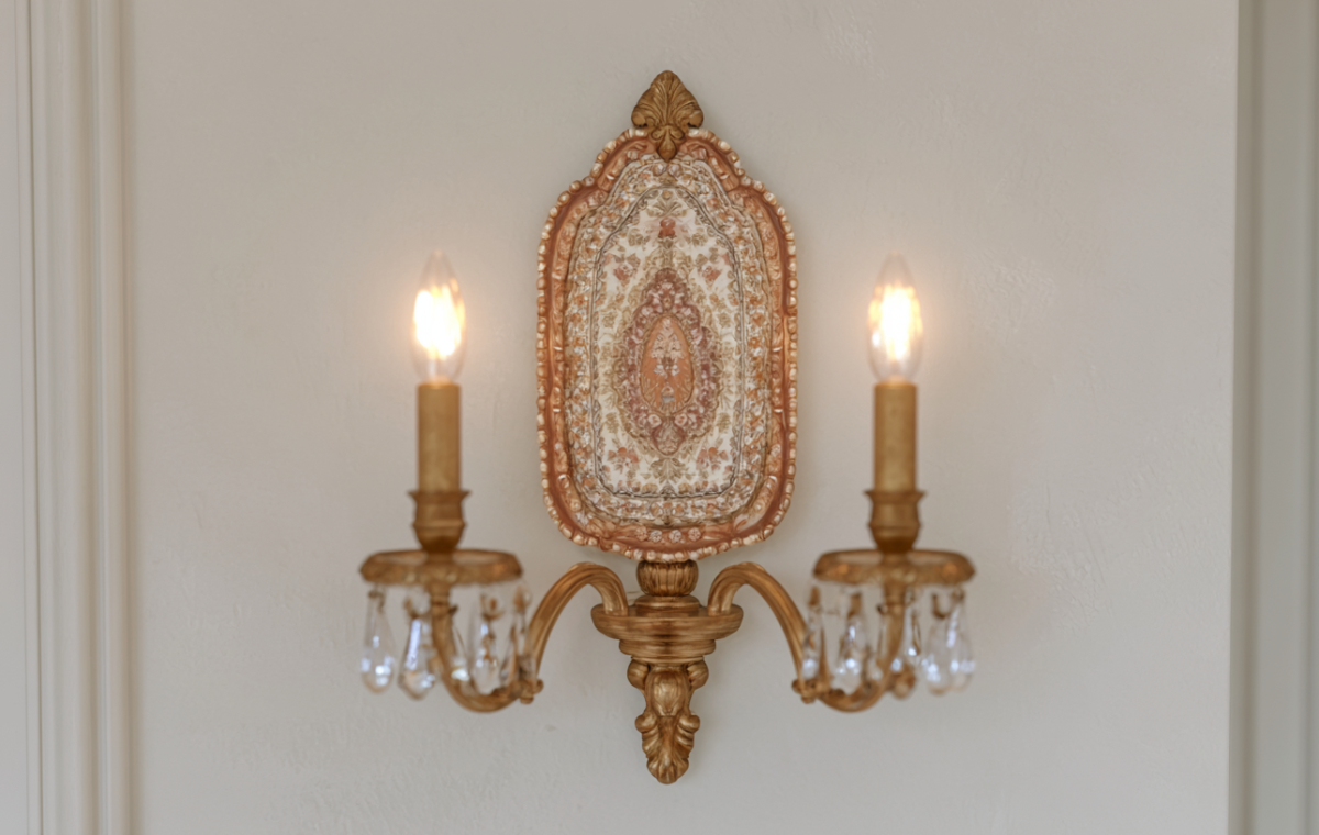 Elegant dual-bulb brass wall sconce with crystal drops mounted on a neutral hallway wall
