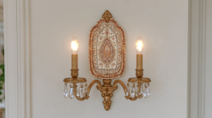 Elegant dual-bulb brass wall sconce with crystal drops mounted on a neutral hallway wall