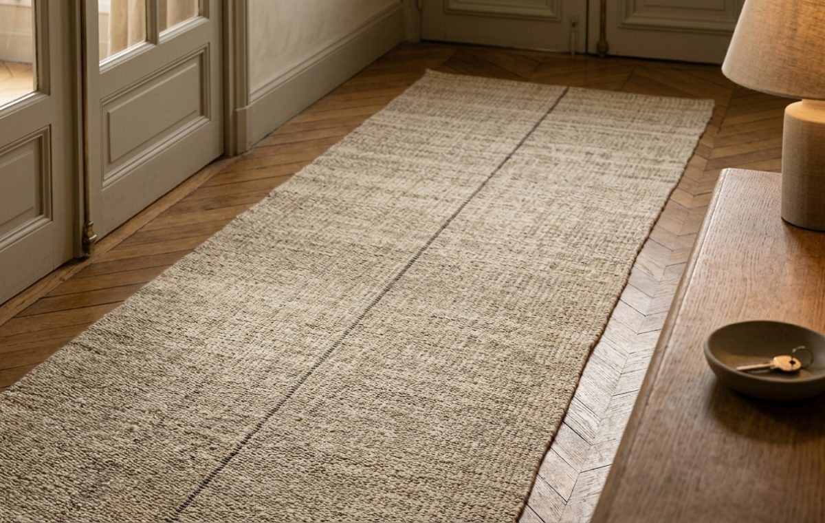 A natural fiber hallway runner rug with a central dark stripe laid over herringbone wood flooring next to a wooden console table.
