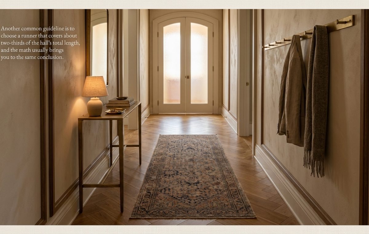 hallway runner rug size calculation in a narrow hardwood corridor with a console table and coat rack