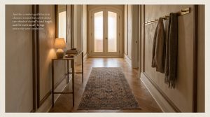 hallway runner rug size calculation in a narrow hardwood corridor with a console table and coat rack