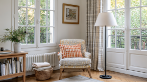 A cosy reading corner design featuring a patterned armchair, floor lamp, and natural light by a window.