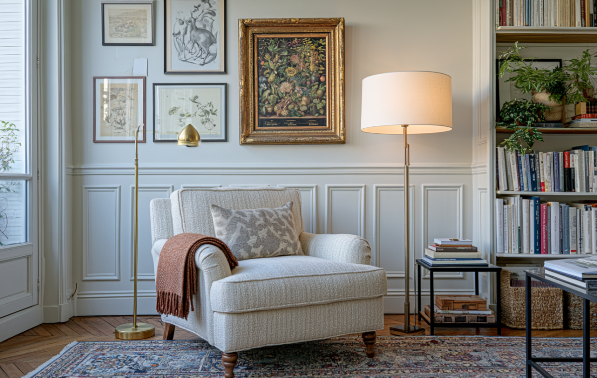 A cozy corner setup featuring a textured cream armchair, brass floor lamps, and a curated gallery wall in a bright living room.