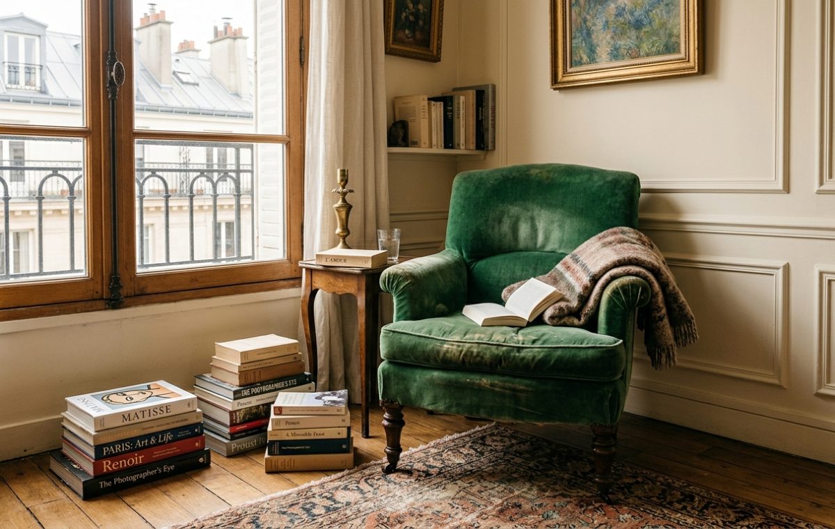 A cozy reading corner featuring a green velvet armchair, stacked books, and natural light from a Parisian window.