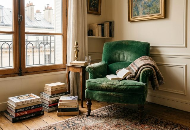 A cozy reading corner featuring a green velvet armchair, stacked books, and natural light from a Parisian window.