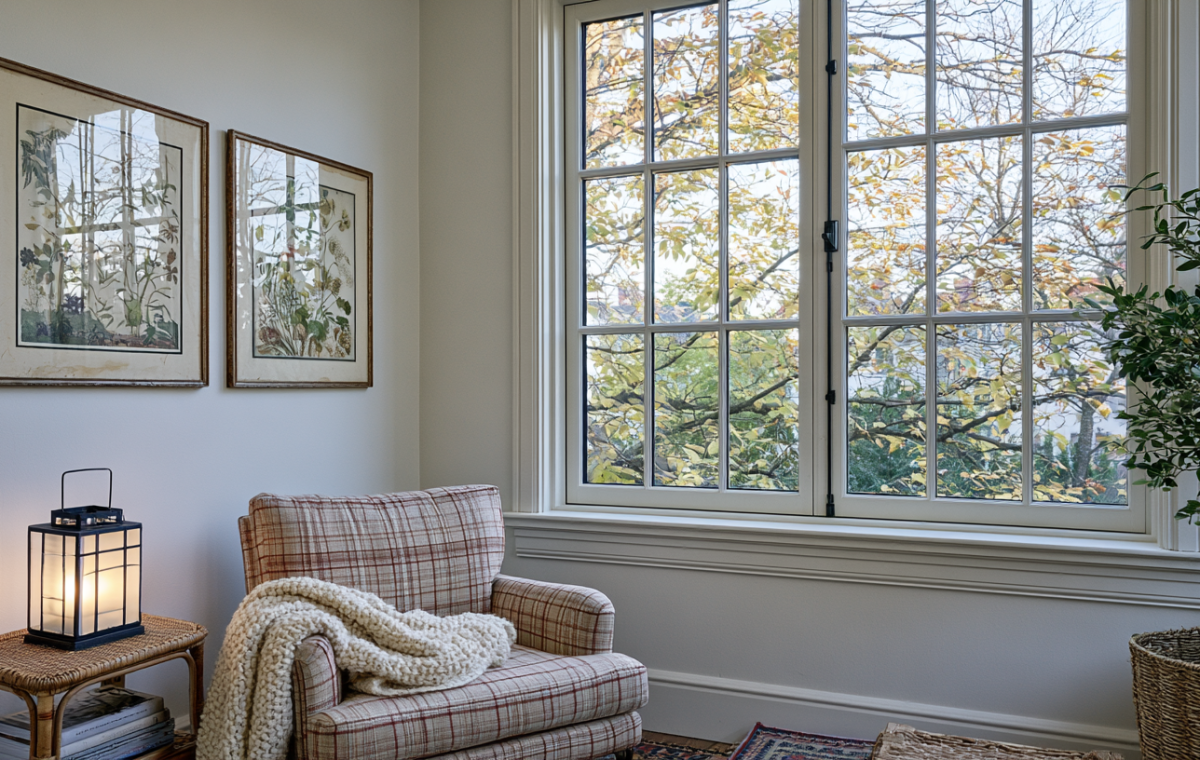 A cozy reading corner featuring a plaid armchair, warm table lamp, and a large window overlooking autumn trees.