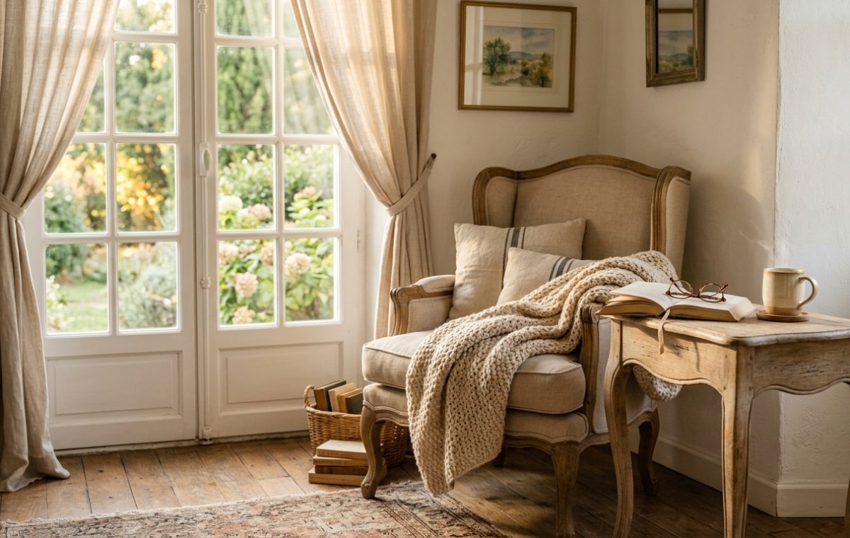 A cozy reading corner featuring a linen armchair, chunky throw blanket, and rustic wooden side table by French doors.
