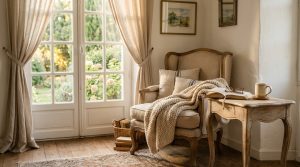 A cozy reading corner featuring a linen armchair, chunky throw blanket, and rustic wooden side table by French doors.