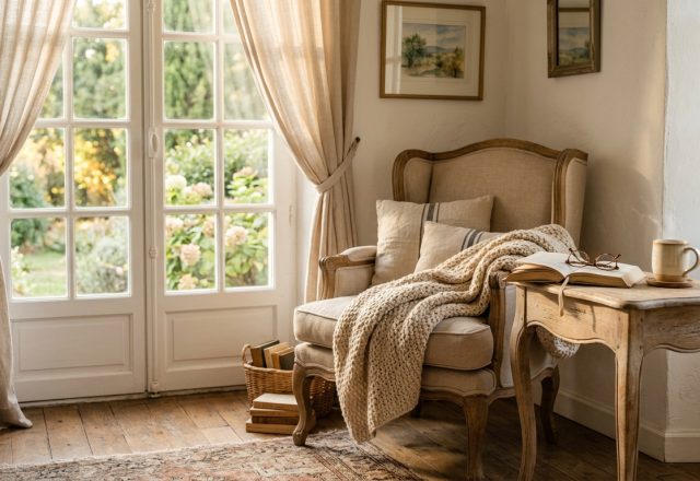 A cozy reading corner featuring a linen armchair, chunky throw blanket, and rustic wooden side table by French doors.