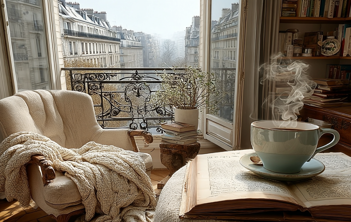 Cozy reading nook with an armchair, coffee cup, and open book next to a French balcony window.