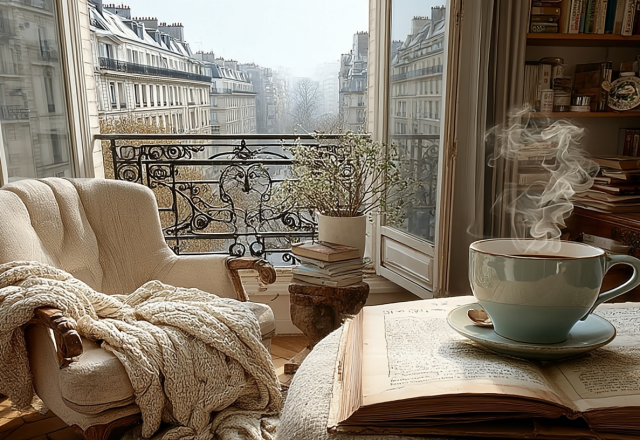 Cozy reading nook with an armchair, coffee cup, and open book next to a French balcony window.