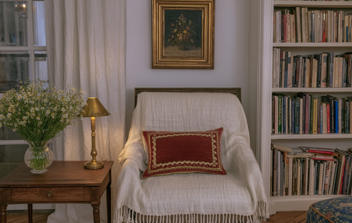 Cozy reading nook featuring an armchair with white throw, built-in bookshelves, and a brass table lamp.