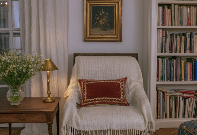 Cozy reading nook featuring an armchair with white throw, built-in bookshelves, and a brass table lamp.