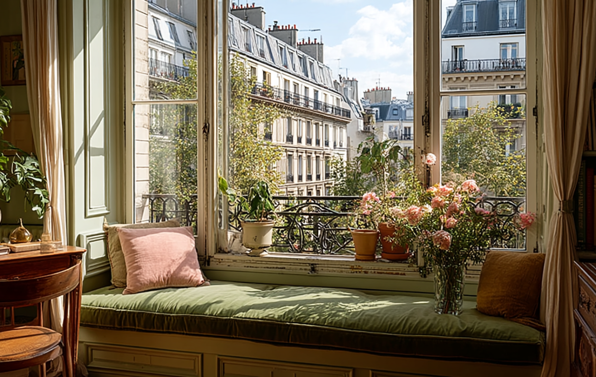 Cozy window seat nook with moss green cushion, pink pillow, and potted plants overlooking city buildings.