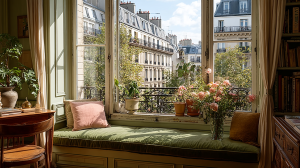 Cozy window seat nook with moss green cushion, pink pillow, and potted plants overlooking city buildings.