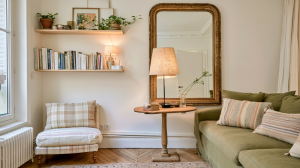 A warm minimalist living room featuring a green sofa, antique mirror, and wooden shelves.